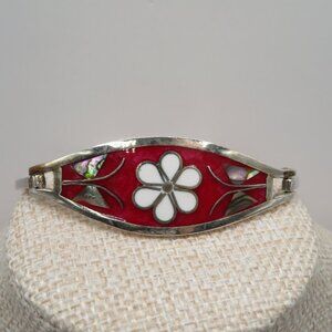 Vintage Alpaca Silver Albalone Butterfly Floral Enamel Hinged Bracelet